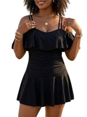 Cocopear Size Medium Swim Dress One-Piece Black Off-Shoulder Flounce Style